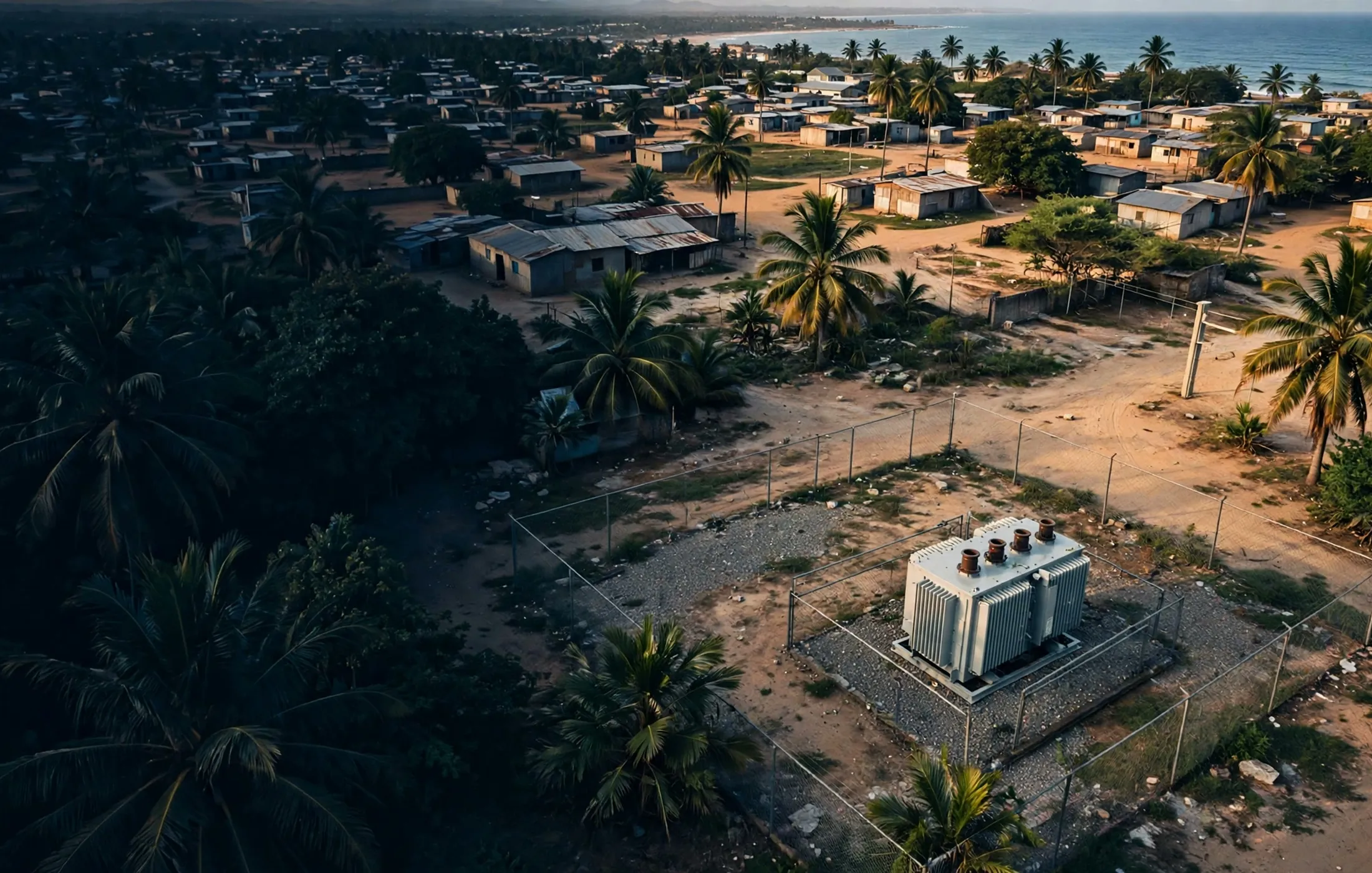 Ilustración: parque de transformadores de distribución en una localidad costera de Tanzania